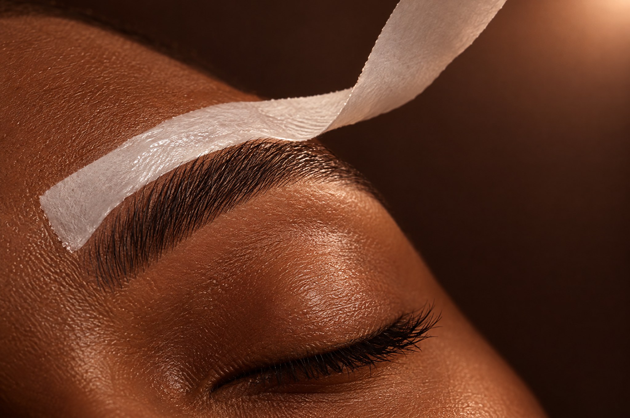 A wax strip lifting cleanly along a sculpted brow arch, the Brow Wax at Glo Haus by Alanii, Orlando
