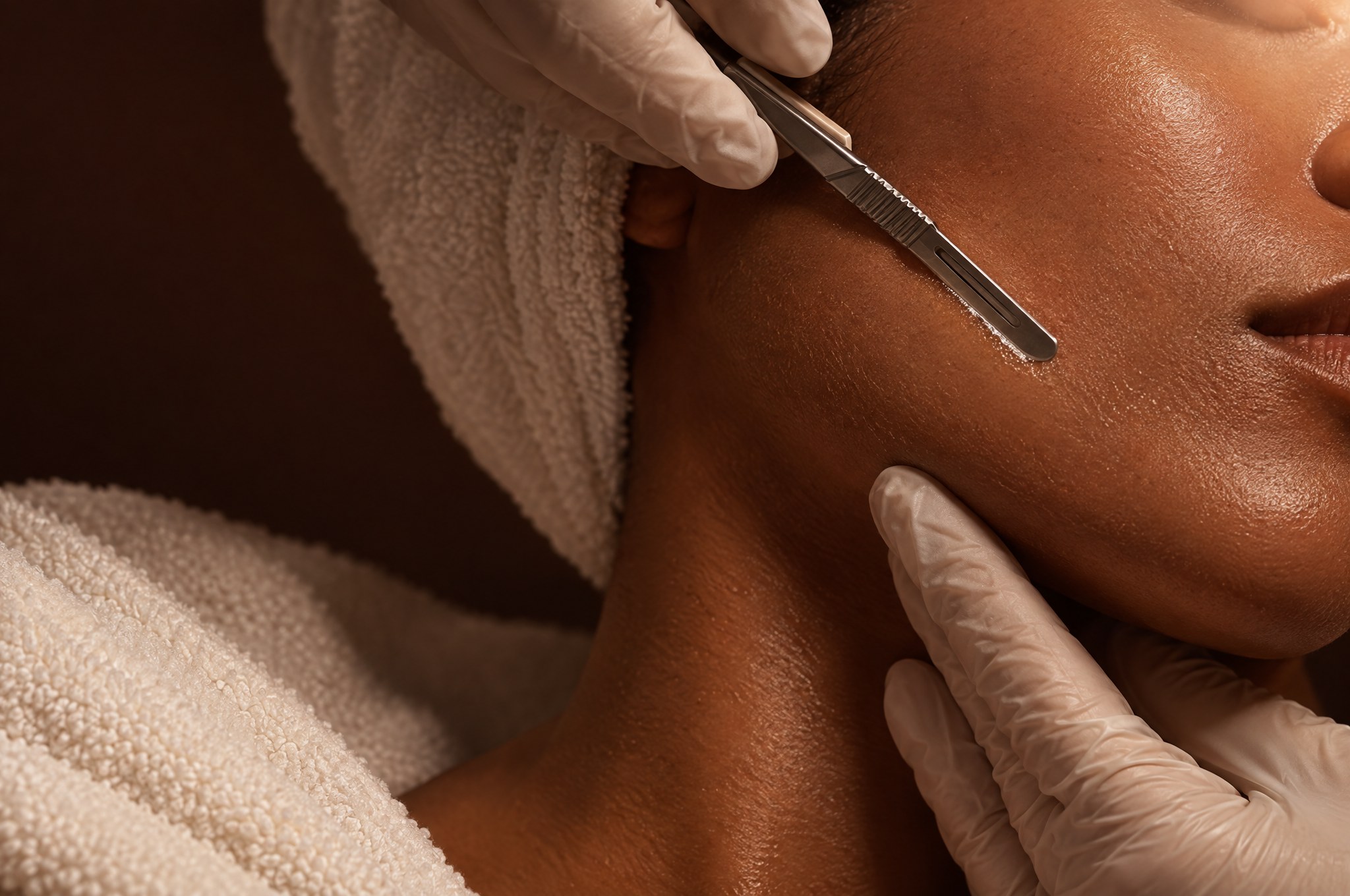 An esthetician's gloved hand dermaplaning a jawline, the Filtered Skin Facial at Glo Haus by Alanii, Orlando