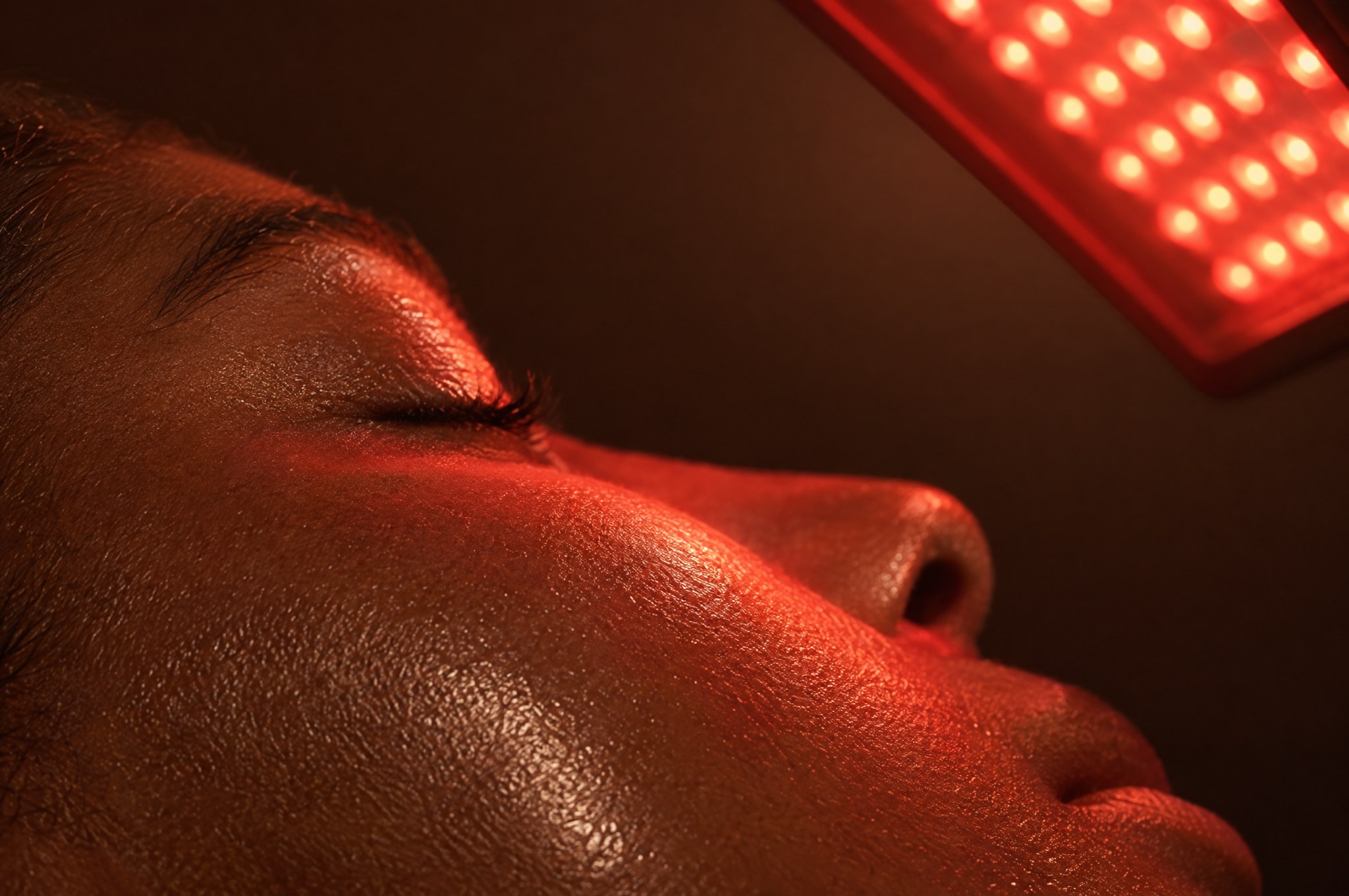 Warm red LED light therapy glowing across relaxed skin, the Luminesce LED Facial at Glo Haus by Alanii, Orlando